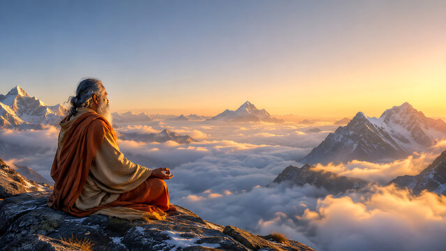 Guru purnima spiritual meditation above clouds during sunrise for hindu religious festival peaceful enlightenment landscape serene mountains mindfulness inspiration \