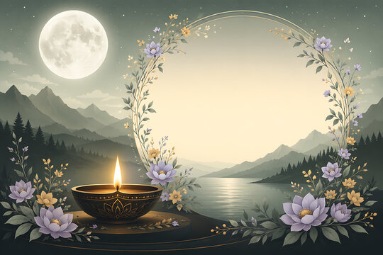 Guru purnima moonlit floral frame with glowing diya over serene lake background for hindu religious festival greeting template spiritual celebration illustration design