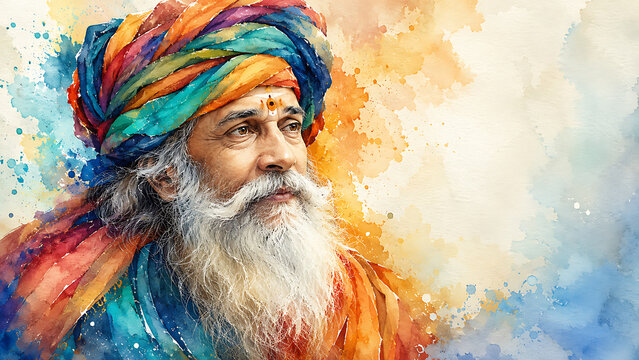 Guru purnima watercolor wise spiritual teacher portrait for hindu religious festival artistic background with copy space vibrant colors traditional culture illustration artwork design