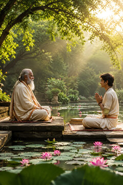 Guru purnima peaceful guru teaching disciple beside lotus pond during hindu religious festival spiritual learning nature background serene devotion illustration traditional artwork scene