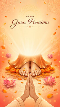 Guru purnima devotional greeting card with sacred guru feet for hindu religious festival spiritual blessings lotus flowers prayer background elegant illustration design artwork