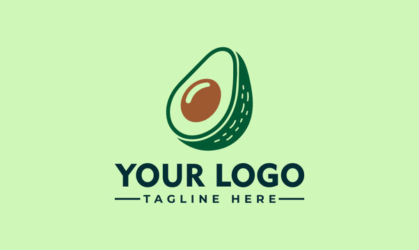 A halved avocado with a brown pit sits on a light green surface next to a logo and tagline.