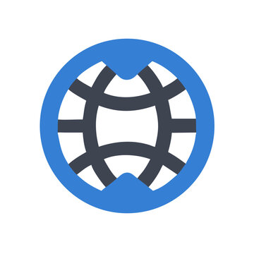 Blue and gray globe icon on black background graphic