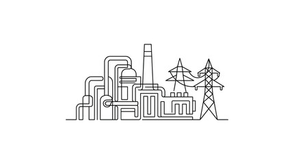 Fototapeta premium Continuous single line drawing of industrial plant and power station.