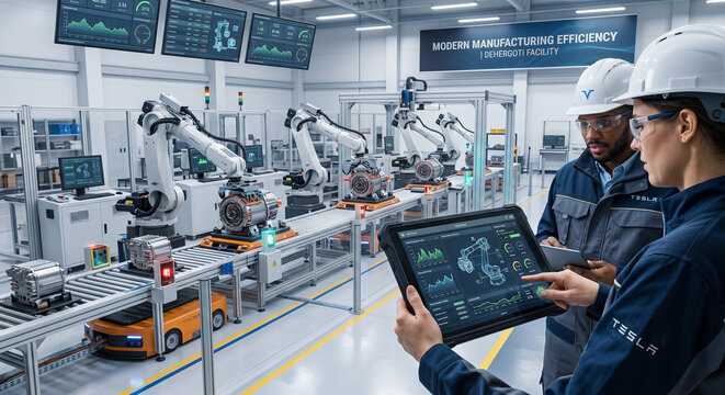 Two engineers using a rugged tablet to monitor an automated production line with robotic arms at a modern manufacturing facility