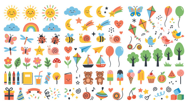 Colorful collection of cute objects for children celebration.