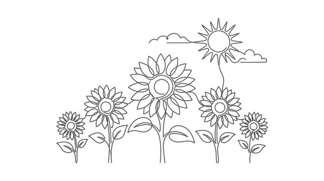 Continuous line drawing of sunflowers field under the sun.