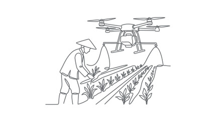 Obraz premium Continuous one line drawing of a farmer working with an agricultural drone in a rice field.