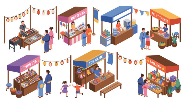Japanese festival stalls selling various treats and games.