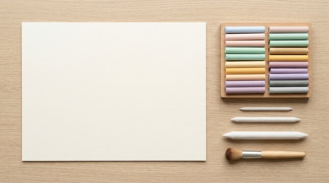 Flat lay of blank paper with pastel chalks and art tools on wood