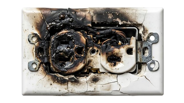A close-up view of a severely damaged electrical power plug outlet showing burn marks and damage.