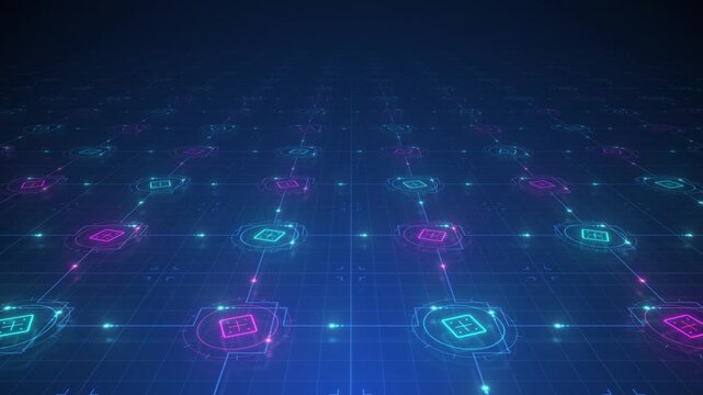 Angled Isometric Cybernetic Mainframe Landscape with Rotating Nodes and Data Packets. 3D Technical Circuit Board Perspective Motion Background for Tech Branding
