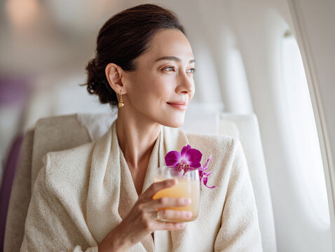 Elegant woman in cream colored attire holding cold drink with orchid, gazing out of airplane window on first class seat . scene conveys sense of luxury and relaxation during travel on business trip
