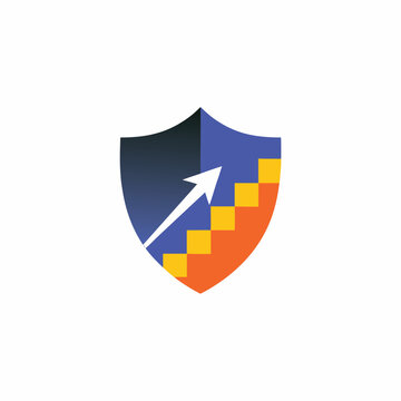 Shield logo concept with growth arrow and stairs for secure business development and financial protection vector template