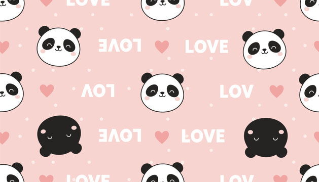 Cute panda faces and love text seamless pattern with seamless