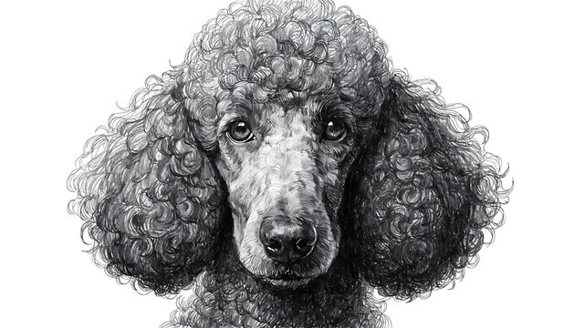 Curly coated poodle dog portrait in black and white