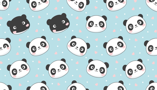 Cute panda faces seamless pattern on light blue background with seamless