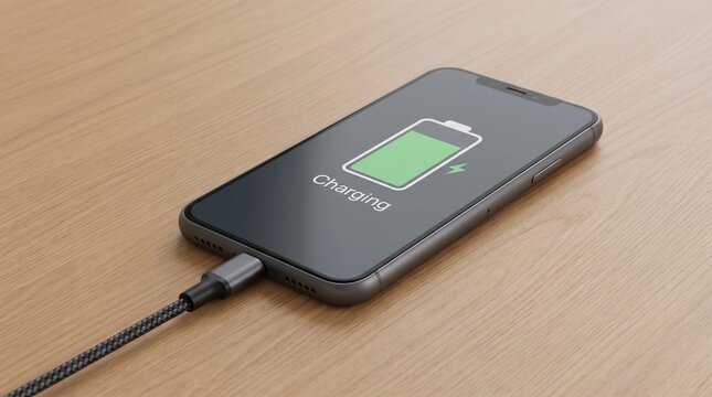 Smartphone charging on wooden surface 