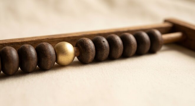 Wooden abacus with one gold bead standing out calculation and value