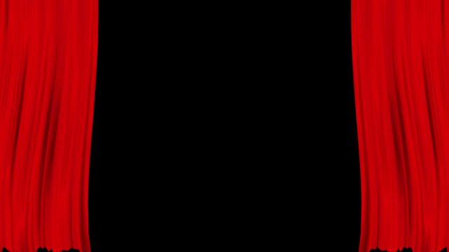 Red theater curtain opening transition realistic velvet drapes pulling back for cinema stage show, elegant classical opera fabric revealing intro overlay for presentation on black screen. 4k video