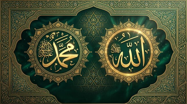 Allah Muhammad Golden Arabic Calligraphy Emerald Islamic Pattern