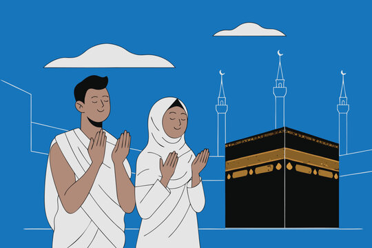 Muslim couple performing Hajj or Umrah pilgrimage praying in front of Kaaba in Mecca. Flat vector illustration of Islamic man and woman in Ihram clothing.