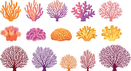 Underwater coral reef elements and marine sea organisms vector flat icon set for ecosystem design © RurposiRani