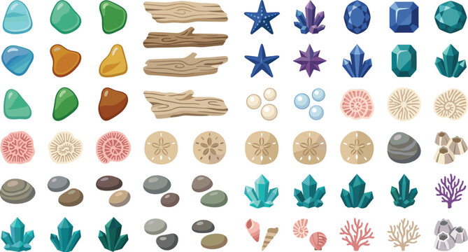 Natural sea treasures crystals minerals shells and beach elements game assets vector mega pack