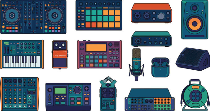 Professional music production gear and recording studio hardware vector illustration set for sound engineering UI