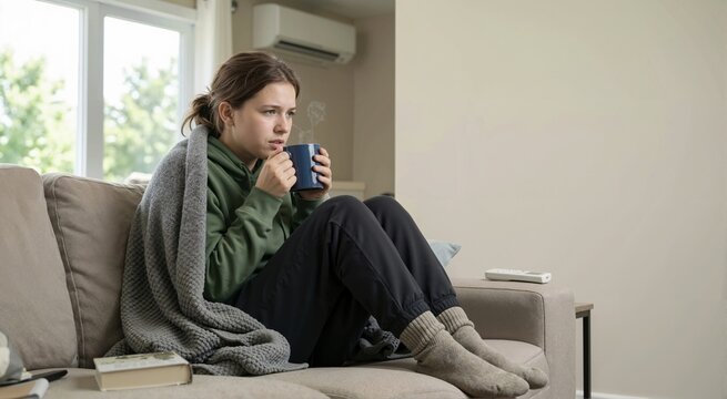 Shivering young woman wrapped in blanket drinking hot tea on sofa. Teen feeling cold from heavy air conditioning in summer room