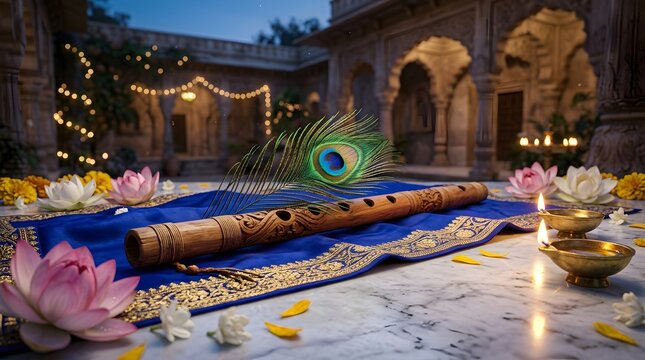Traditional indian flute, peacock feather, and glowing brass oil lamps arranged on a rich blue silk fabric with lotus flowers, set against a blurred hindu temple background, at twilight