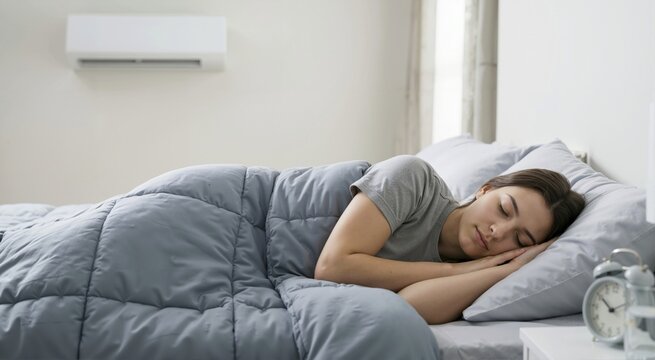 Young woman sleeping comfortably under cozy blanket in bedroom. Female resting in cool air conditioned room