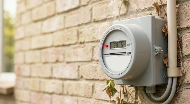 Close up of electricity smart meter on brick wall. High energy bills and power consumption concept
