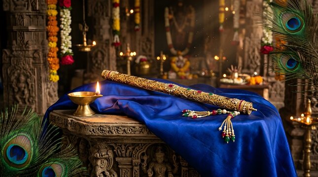Traditional indian flute, peacock feather, and glowing brass oil lamps arranged on a rich blue silk fabric with lotus flowers, set against a blurred hindu temple background, at twilight