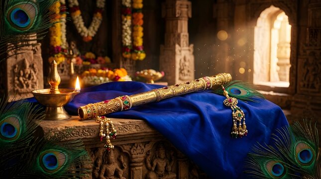 Traditional indian flute, peacock feather, and glowing brass oil lamps arranged on a rich blue silk fabric with lotus flowers, set against a blurred hindu temple background, at twilight