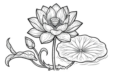 Lotus flower line art illustration, botanical water lily vector drawing, elegant floral sketch with blooming petals and lily pad for coloring book © ansa