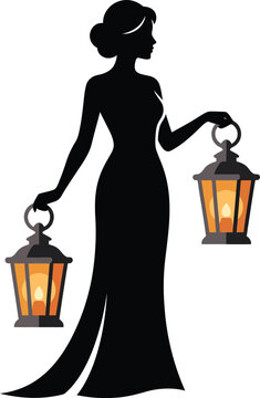 Elegant silhouette of a woman in a long dress holding two glowing vintage lanterns in darkness