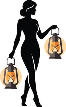 Fashionable silhouette of a woman walking while carrying two glowing rustic lanterns at night