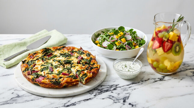 Homemade Swiss Chard Frittata Served with Fresh Salad and Fruit Sangria on Marble Table, Healthy Lunch with Copy Space