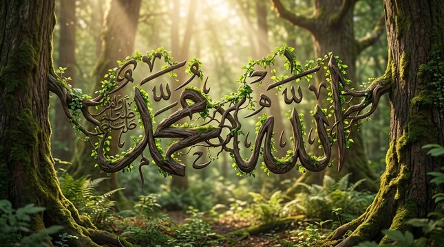 Allah Muhammad Arabic Calligraphy Golden Waterfall Tropical Sunrise