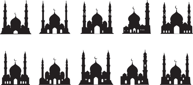 Black silhouette of a mosque with minarets