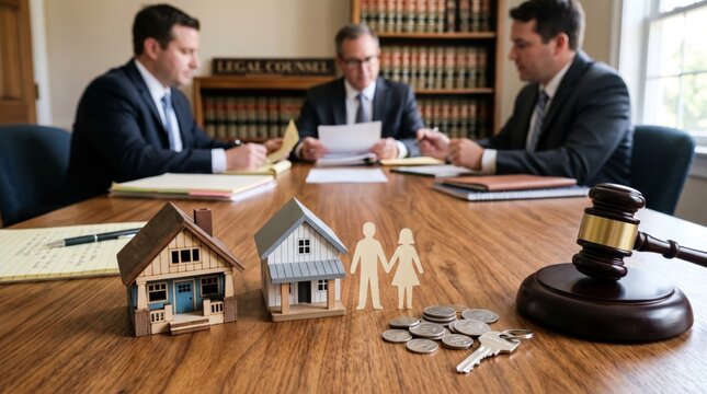 Divorce Property Division Concept with Model Houses Gavel Money and Lawyers Meeting