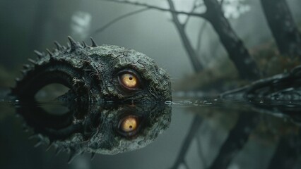 Obraz premium A monstrous creature's head emerges from murky water, its eyes glowing with an eerie intensity.