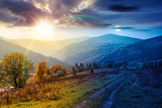 countryside mountain landscape on autumn equinox. weathered grassy field on a hill near forest. rural background. alpine highland of ukraine at twilight