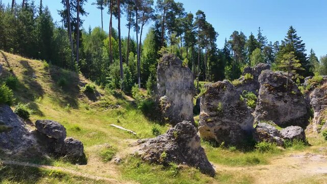 Luftaufnahme des Felsenmeers im Wental mit markanten Felsformationen aus Jurakalk, umgeben von einem dichten Nadelwald und Wanderwegen auf der Schw&auml;bischen Alb bei Sonnenschein.