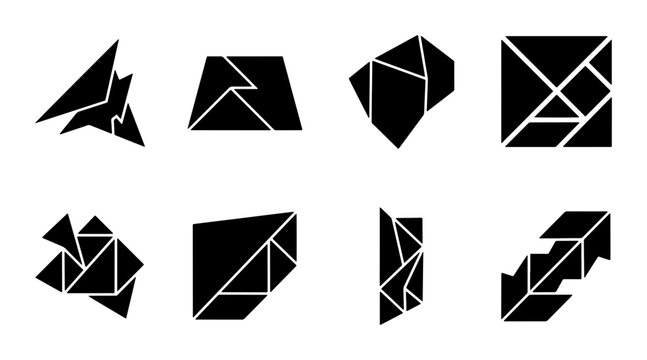 Abstract Geometric Shapes, Tangram Puzzles, Minimalist Design Elements, Black Vector Graphics