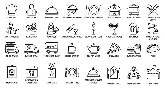 Food Catering Icons Vector Collection Dining Service Chef Waiter Waitress Covered Dish Wine Bottle Cocktail Coffee Pot Menu Card Buffet Truck Wedding Cake