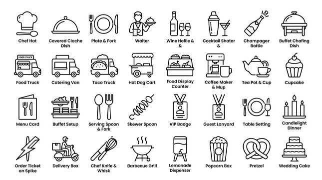 Food Catering Icons Vector Collection Dining Service Chef Waiter Waitress Covered Dish Wine Bottle Cocktail Coffee Pot Menu Card Buffet Truck Wedding Cake