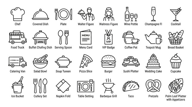 Food Catering Icons Vector Collection Dining Service Chef Waiter Waitress Covered Dish Wine Bottle Cocktail Coffee Pot Menu Card Buffet Truck Wedding Cake