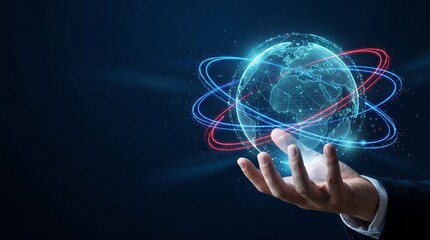 Fototapeta premium Businessman holding a glowing digital globe with interconnected network lines and futuristic technology elements in hand